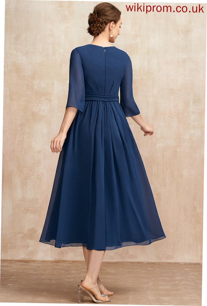 Bow(s) Cocktail Scoop Dress Tea-Length With Ruffle Chiffon Neck Cocktail Dresses A-Line Evelin