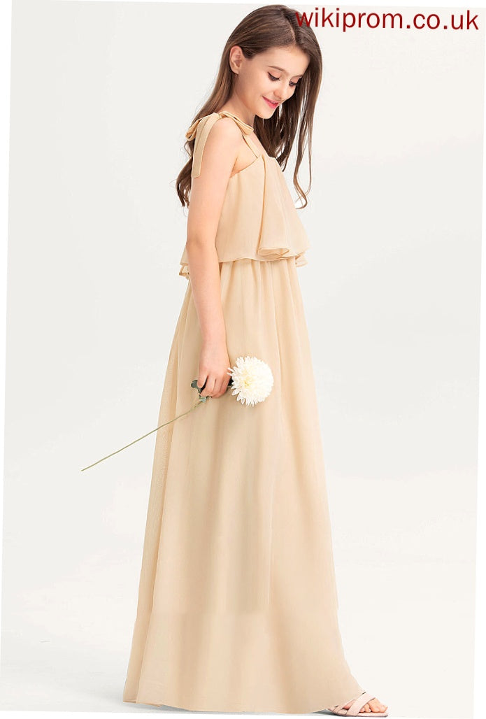 With Chiffon Ruffles Neckline Kendall Square Floor-Length Cascading Junior Bridesmaid Dresses Bow(s) A-Line