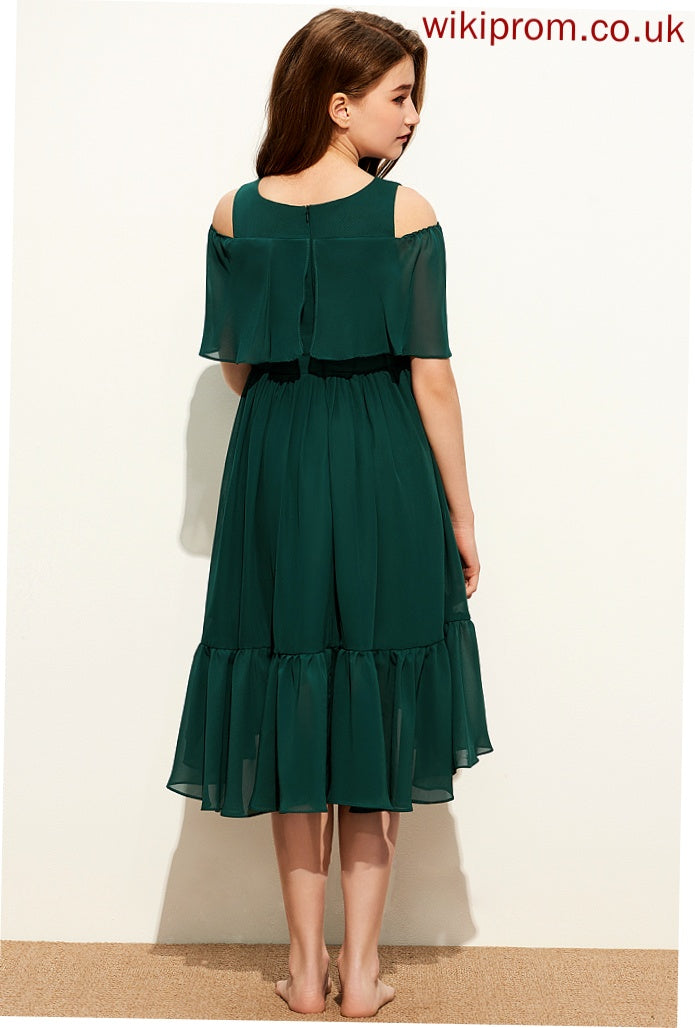 A-Line Elisabeth Asymmetrical Ruffles Junior Bridesmaid Dresses Scoop With Cascading Chiffon Neck