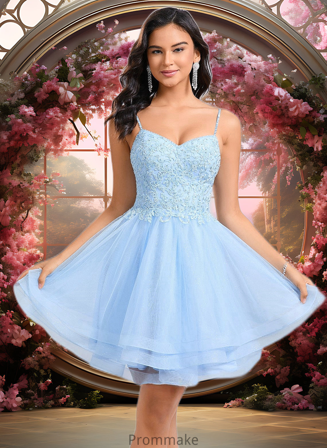 Chana A-line V-Neck Short Lace Tulle Homecoming Dress With Rhinestone Sequins DUP0025658