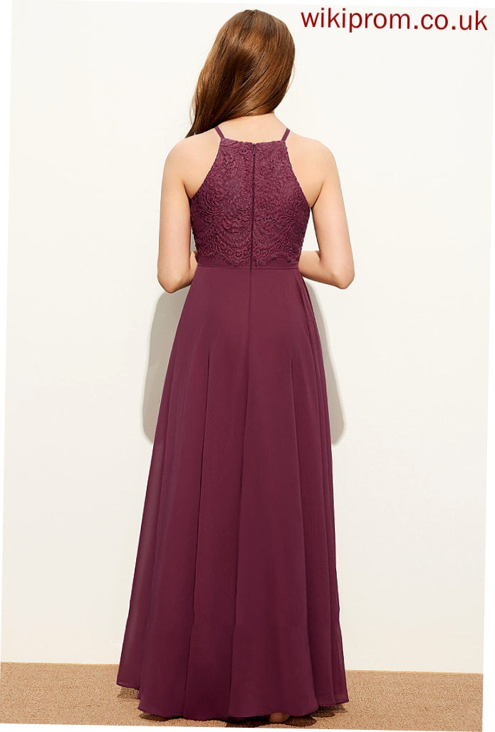 Square Lace Junior Bridesmaid Dresses Chiffon A-Line Floor-Length Neckline Cristal