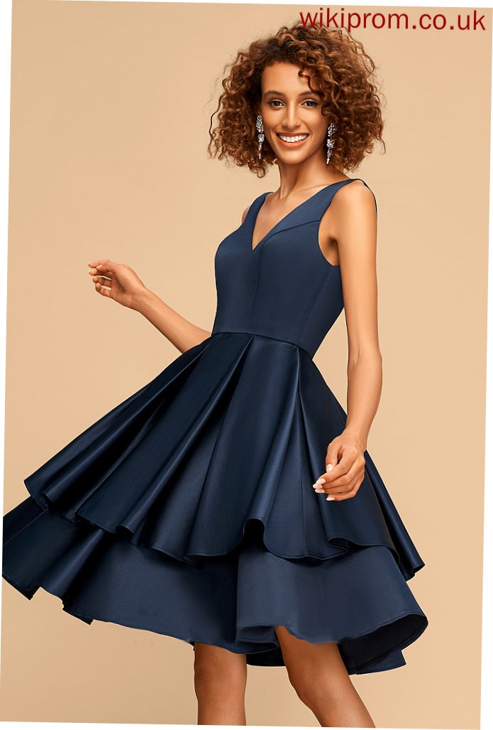 A-Line Satin Homecoming Knee-Length Dress Thalia V-neck Homecoming Dresses