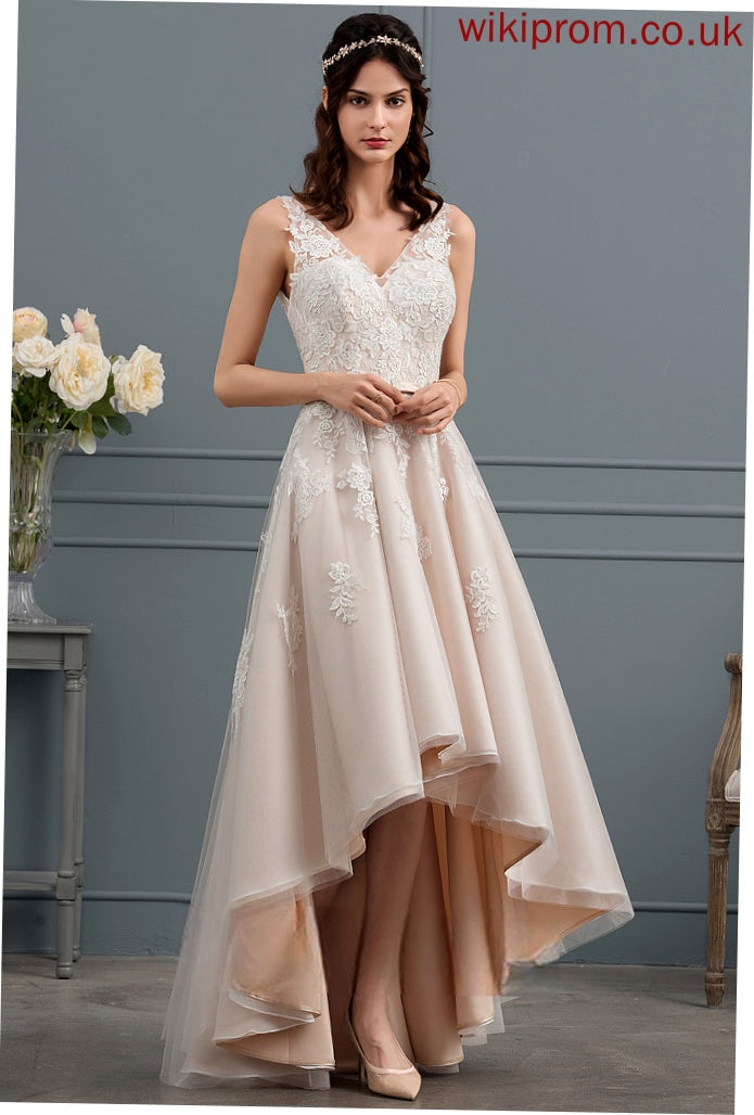 Satin Cassie Wedding A-Line Dress With Tulle Wedding Dresses Asymmetrical V-neck Lace Bow(s)