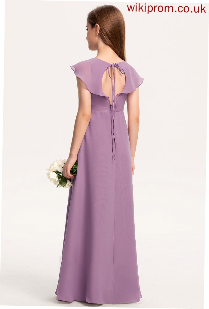 Junior Bridesmaid Dresses Cascading With V-neck Ruffles Chiffon A-Line Floor-Length Megan Bow(s)