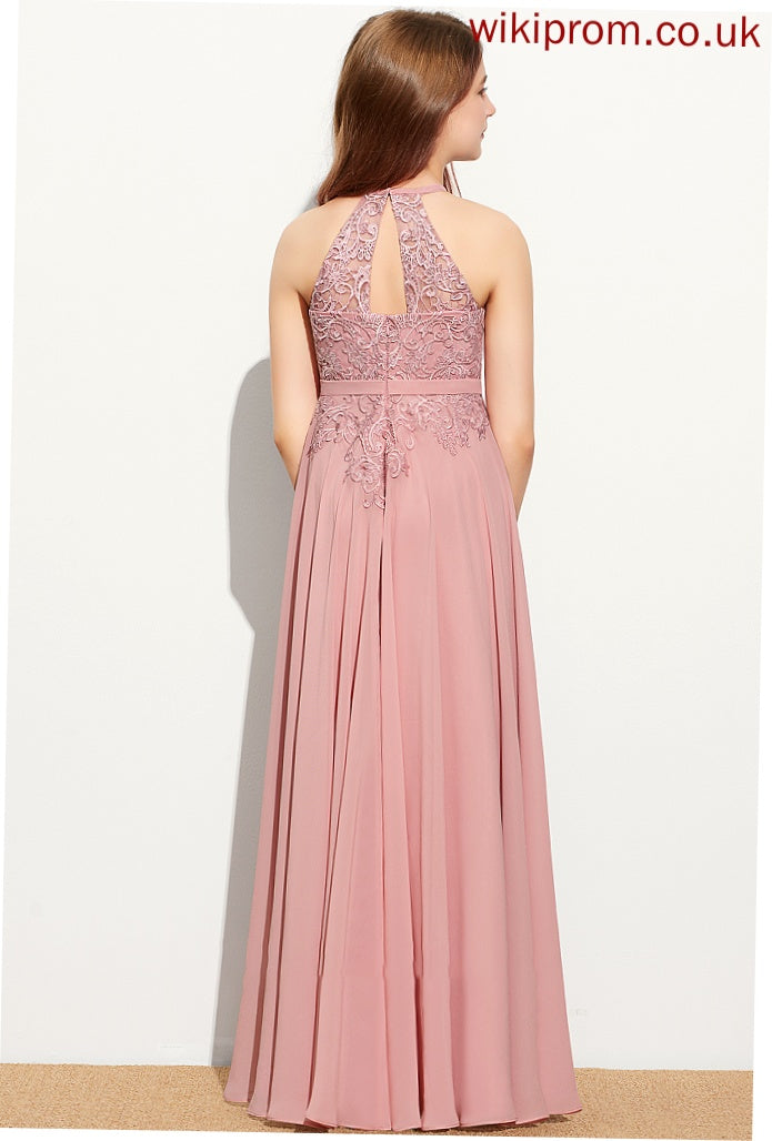 A-Line Lace Junior Bridesmaid Dresses Marisa Floor-Length Chiffon Neck Scoop