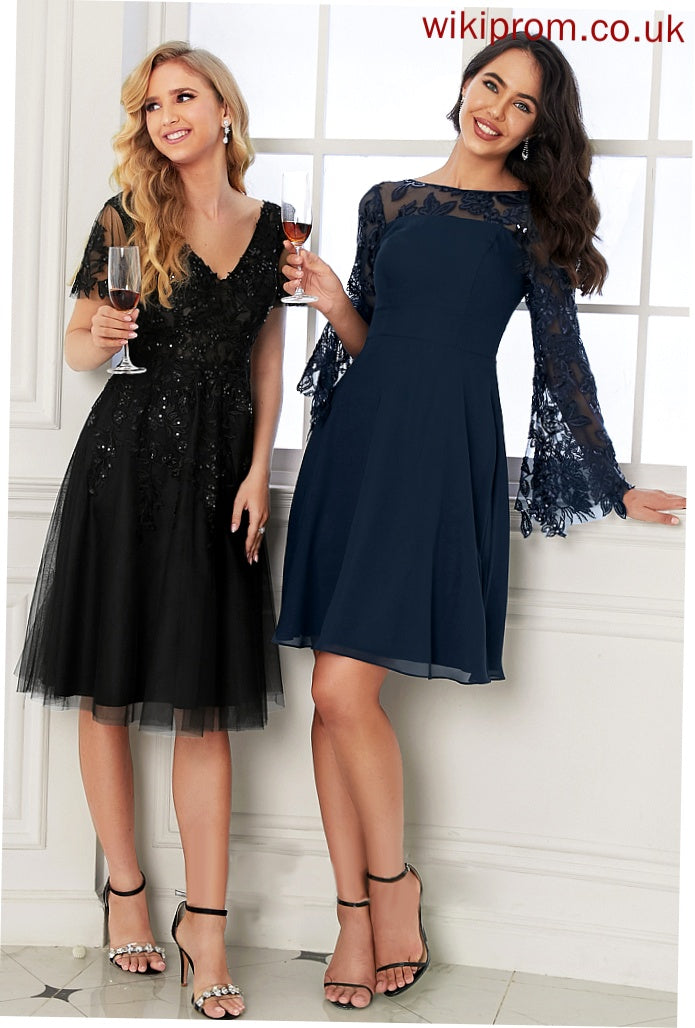 Chiffon Sequins Neck A-Line Lace With Scoop Cocktail Knee-Length Jode Club Dresses Dress