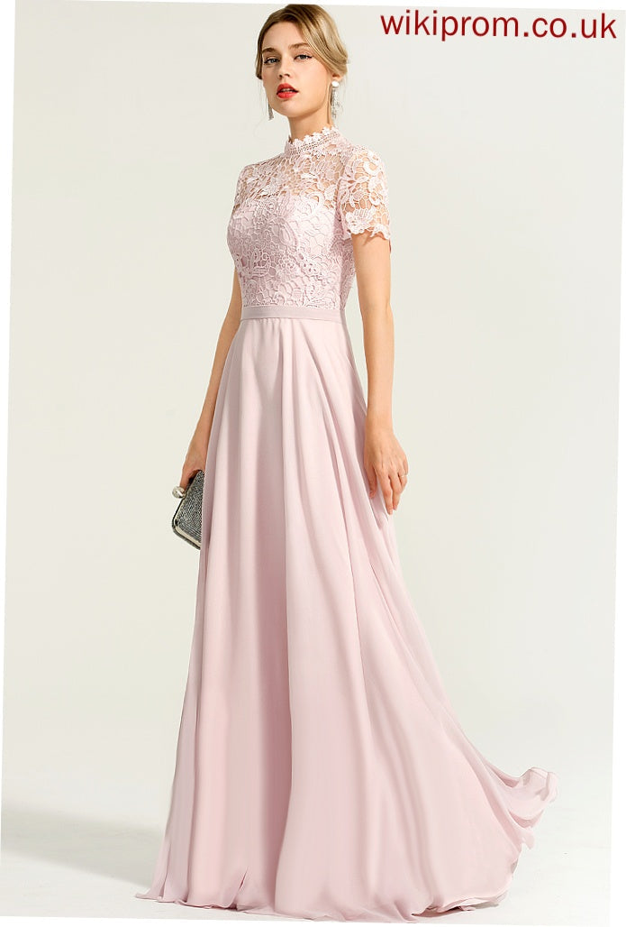 Floor-Length Chiffon Prom Dresses High With Lace Sequins Alisha Neck A-Line