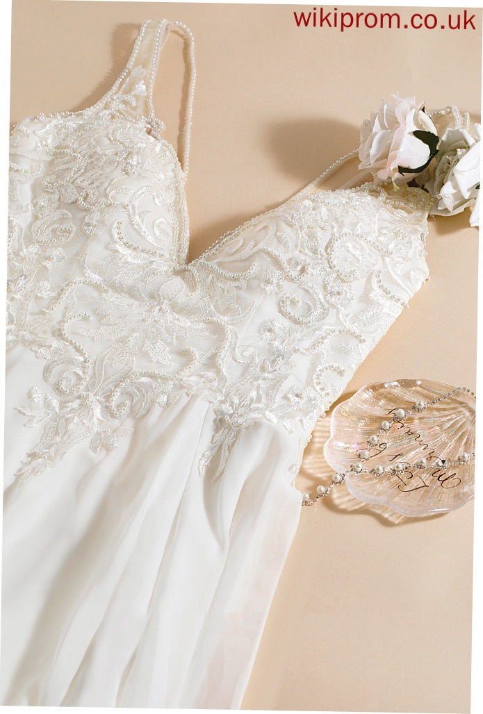 Chiffon Split Train With Wedding Dresses Beading Sweep Cierra A-Line Sequins Wedding Front Dress V-neck Lace