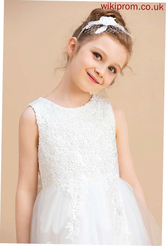 A-Line Scoop Girl Tea-length Bow(s) - Neck Satin/Tulle Flower Girl Dresses With Sleeveless Dress Flower Kali