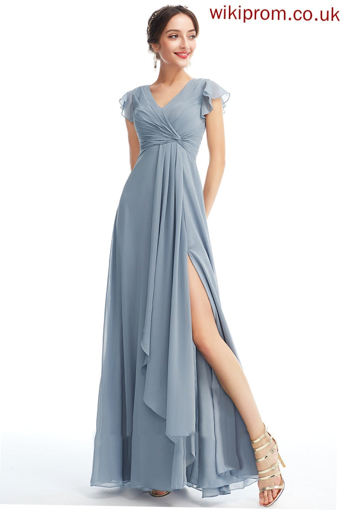 V-neck Floor-Length Silhouette Ruffle A-Line SplitFront Embellishment Length Neckline Fabric Anne A-Line/Princess Bridesmaid Dresses