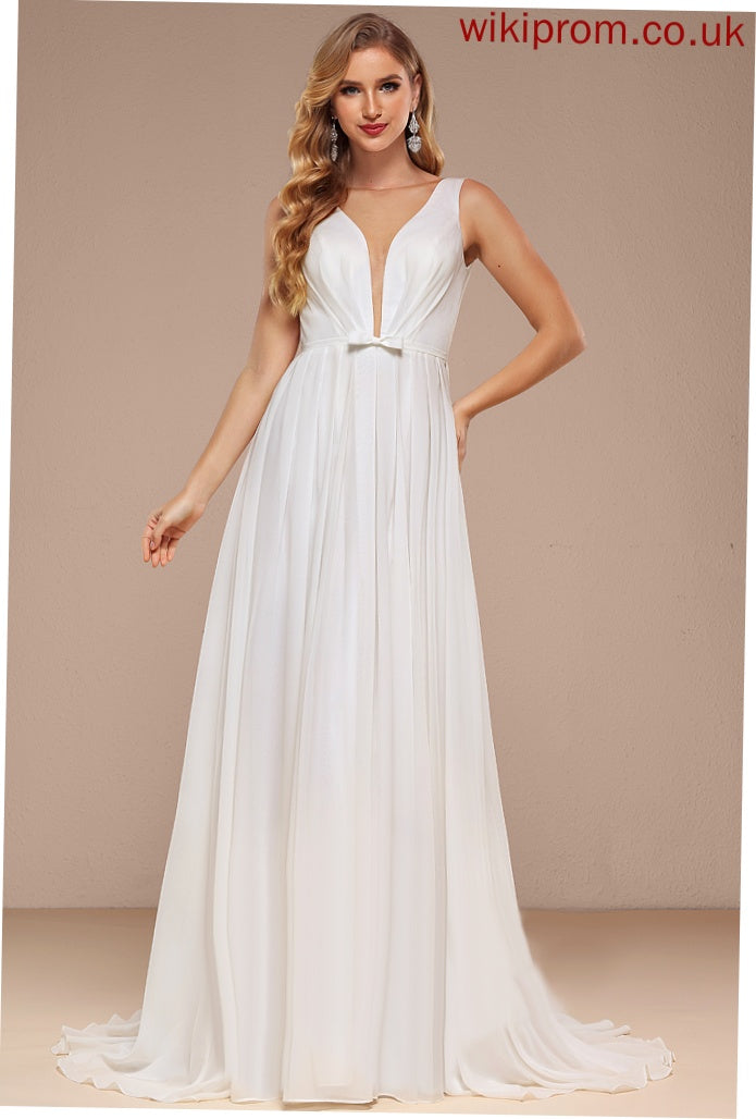 Dress Bow(s) Wedding Sweep With Ashleigh V-neck Wedding Dresses A-Line Chiffon Train