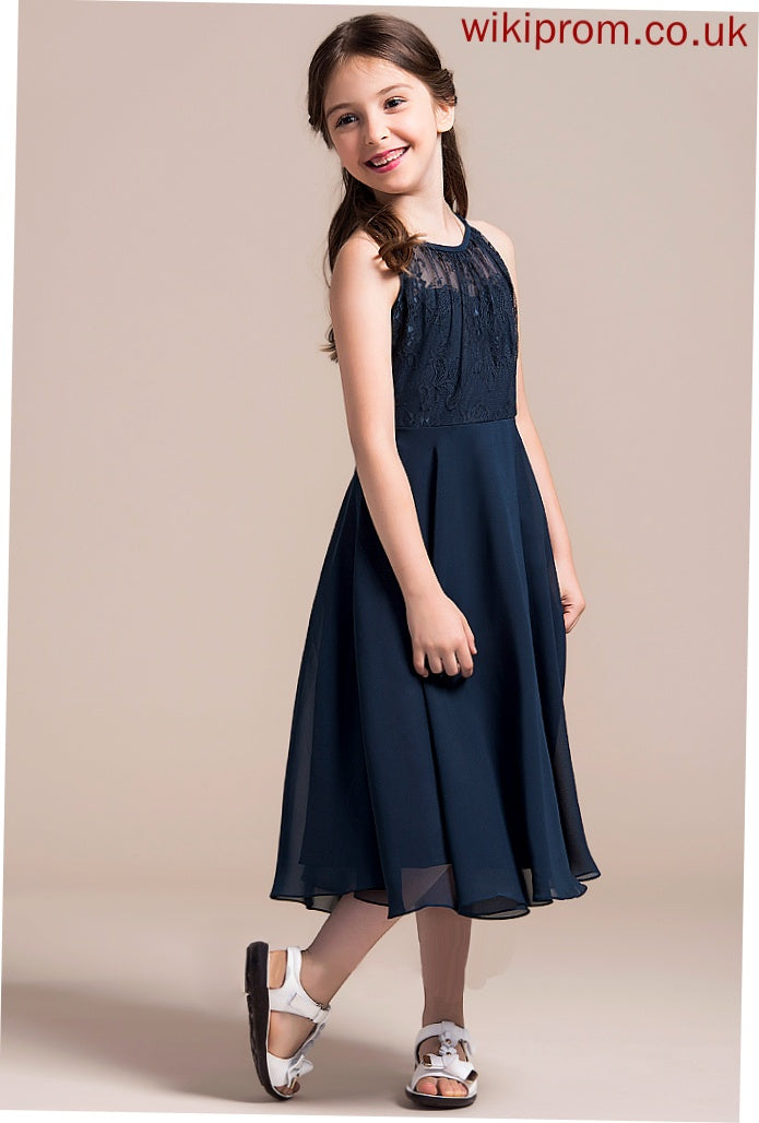 Chiffon With Ruffle A-Line Lace Neck Junior Bridesmaid Dresses Tea-Length Daniella Scoop