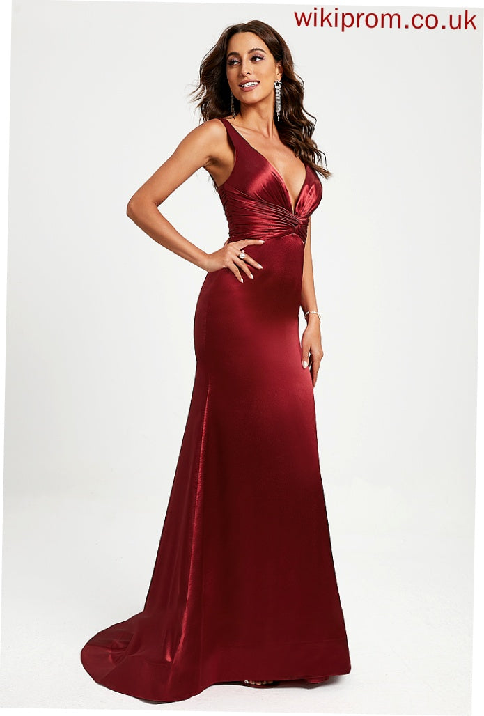 Prom Dresses Train Pleated Satin Sweep V-neck Laura Trumpet/Mermaid With