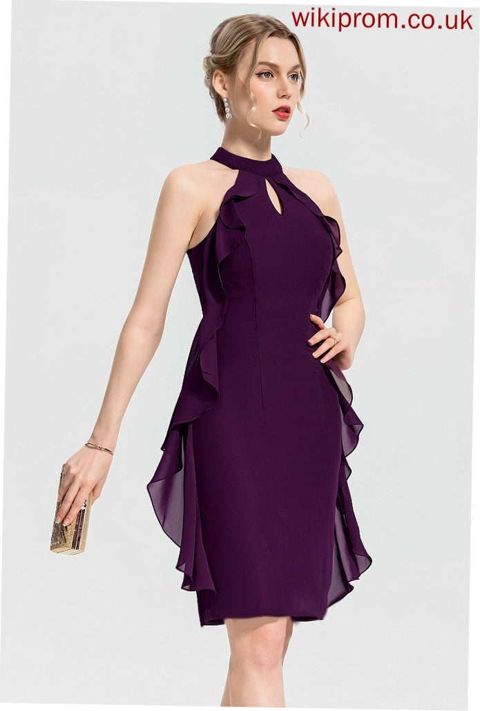 Sabrina With Neck Chiffon Knee-Length Dress Ruffles Cocktail Cascading Sheath/Column Scoop Cocktail Dresses