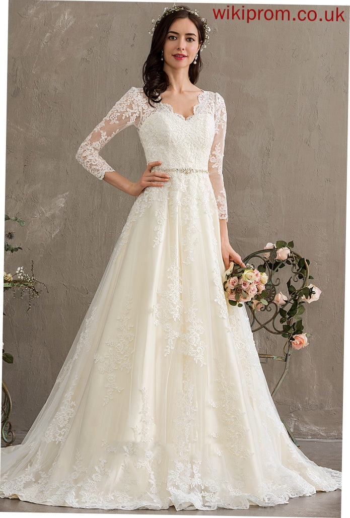 Wedding Dresses Chapel Ball-Gown/Princess Lace Sequins With Beading V-neck Train Wedding Alison Dress Tulle