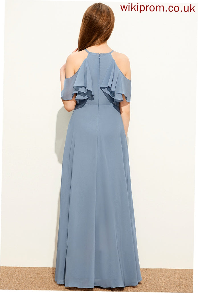 With Scoop Chiffon Neck Junior Bridesmaid Dresses Floor-Length A-Line Ruffles Cascading Taylor