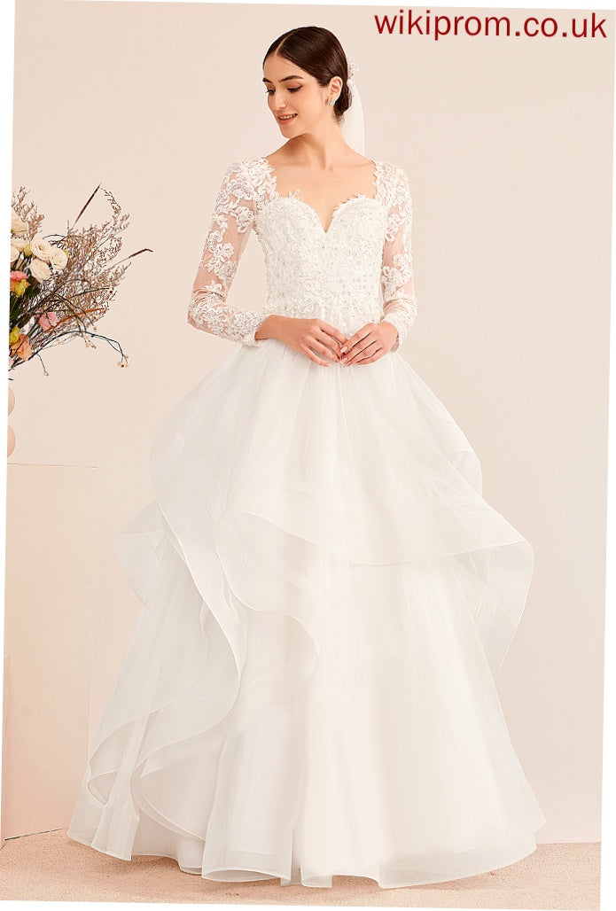 Ball-Gown/Princess Tulle Dress Floor-Length Wedding Dresses Kaila With Sequins Lace Beading V-neck Wedding