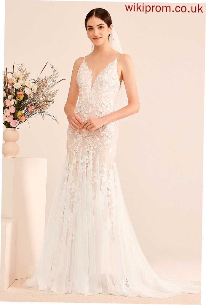 With Tulle Johanna Train Dress V-neck Trumpet/Mermaid Wedding Wedding Dresses Lace Court Lace