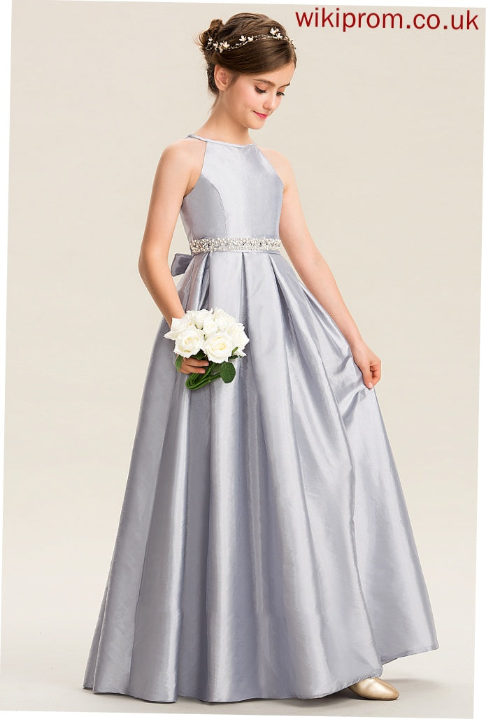 A-Line With Junior Bridesmaid Dresses Neck Taffeta Bow(s) Floor-Length Beading Kaelyn Scoop