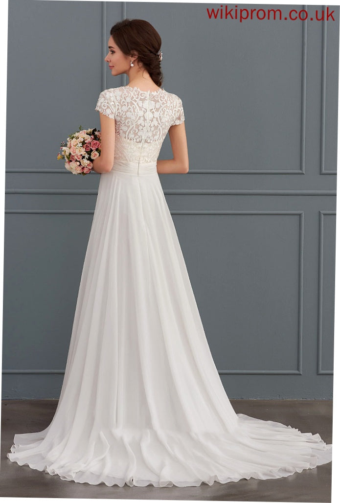 Wedding V-neck Chiffon Wedding Dresses Ruffle Lace A-Line Train With Dress Sweep Miley