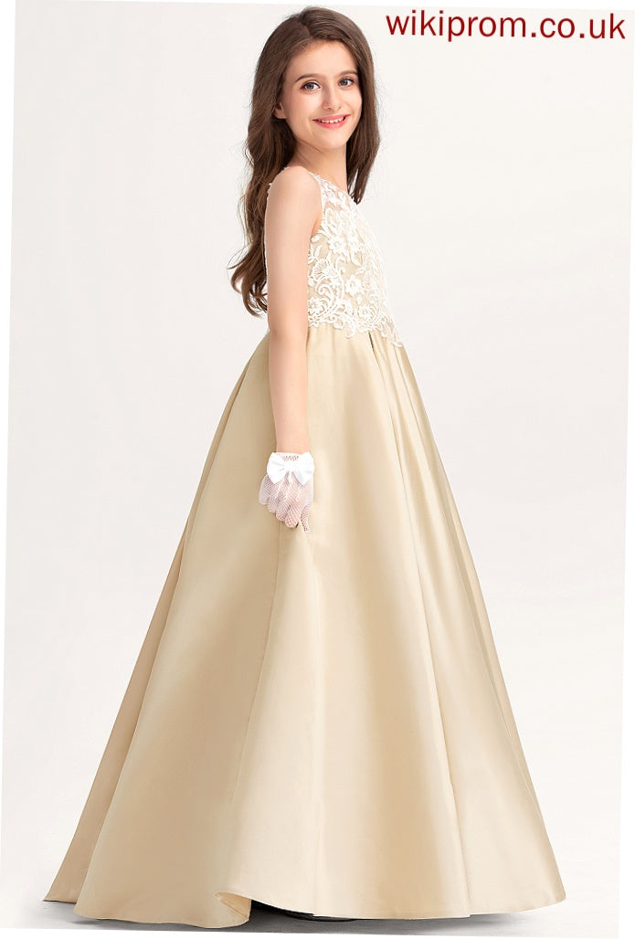 Lace Scoop Neck Satin Adeline Floor-Length Ball-Gown/Princess Junior Bridesmaid Dresses