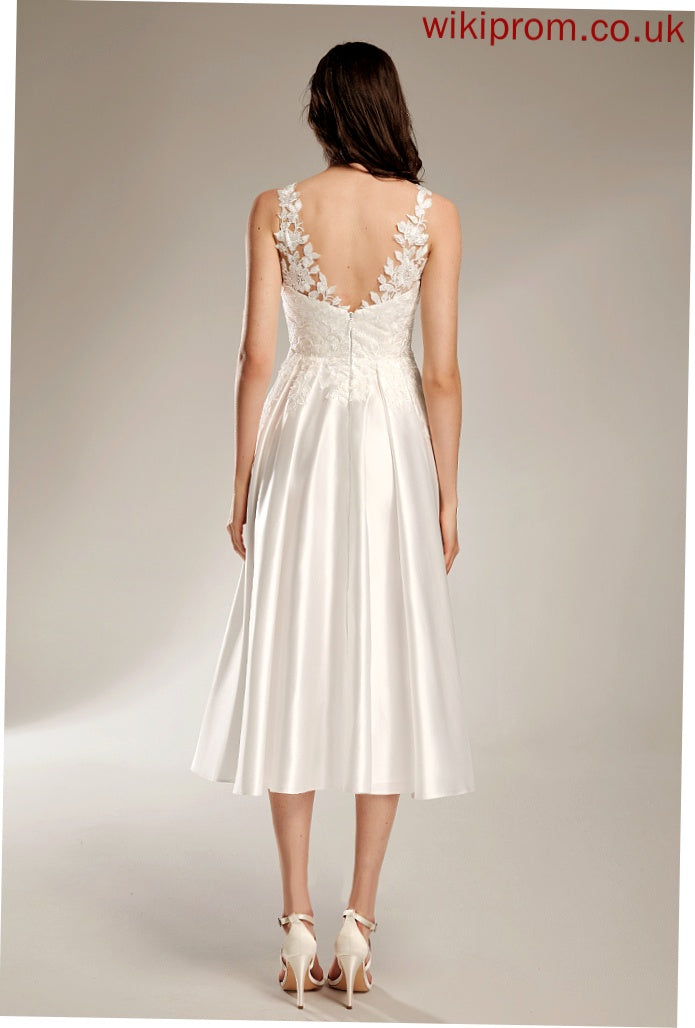 Wedding Lace Elianna Wedding Dresses Satin Dress V-neck Tea-Length A-Line