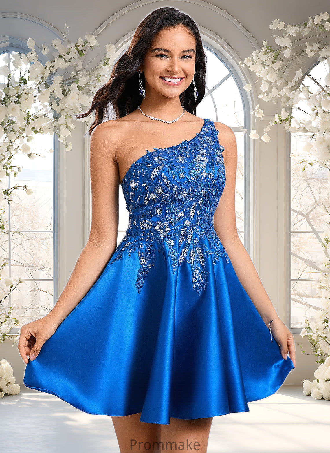 Tamara A-line One Shoulder Short Satin Homecoming Dress With Appliques Lace Sequins DUP0025657