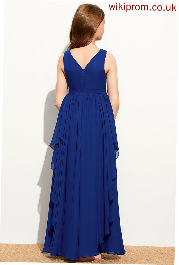 Floor-Length With Cascading Ruffles Chiffon A-Line V-neck Junior Bridesmaid Dresses Mira