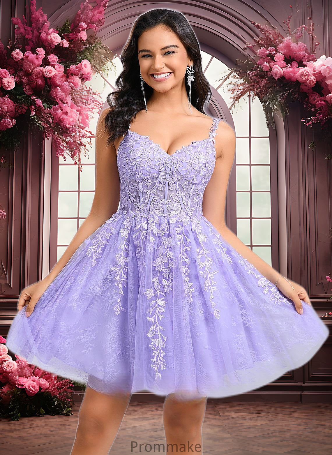 Melody A-line V-Neck Short Tulle Lace Homecoming Dress DUP0025640