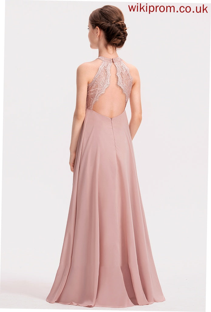 A-Line Lace Junior Bridesmaid Dresses Jaida Neck Chiffon Floor-Length Scoop