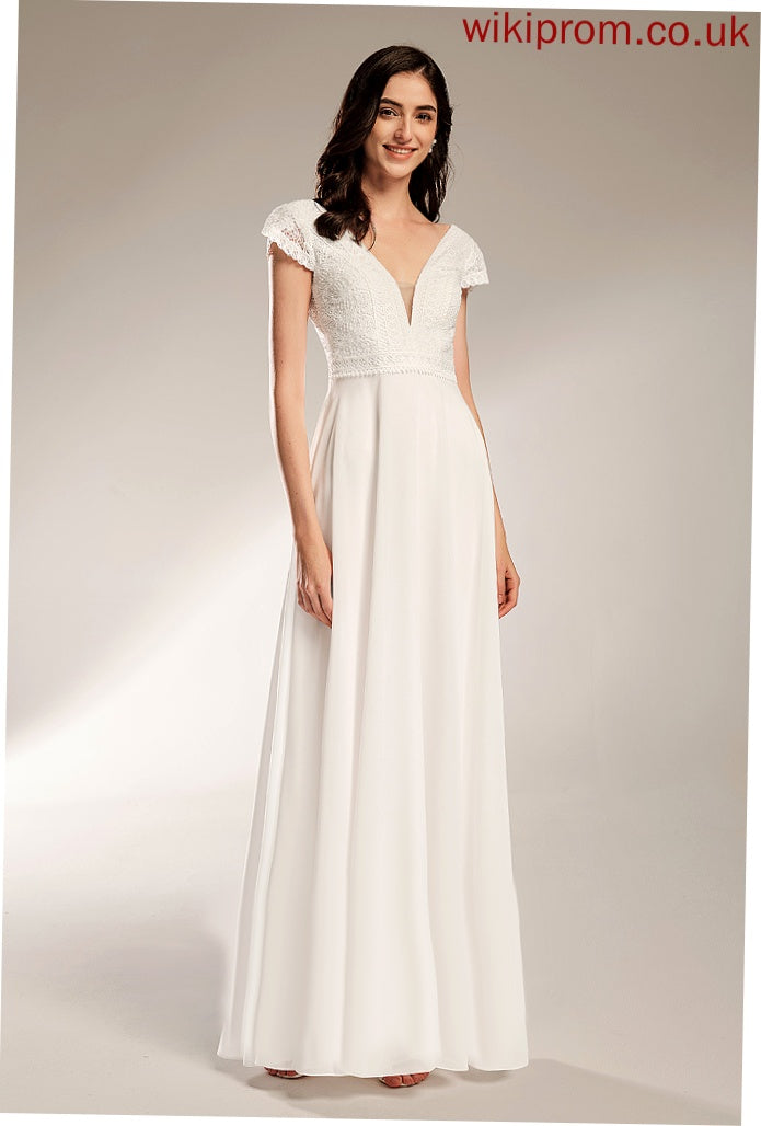 A-Line Leslie V-neck Wedding Dresses Floor-Length Lace Chiffon Wedding Dress