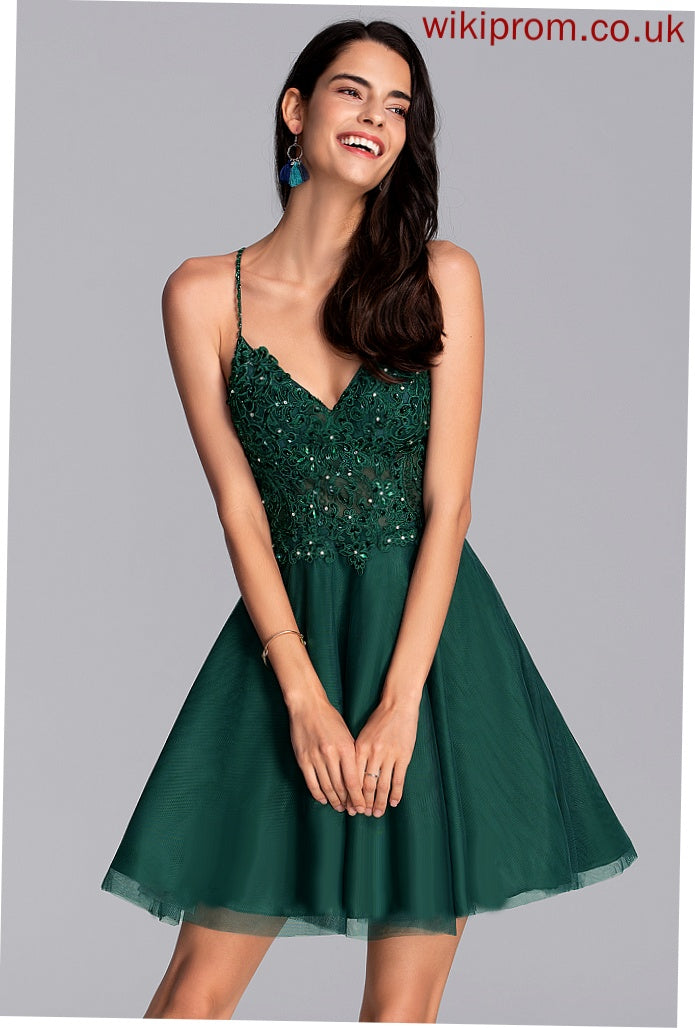 Tulle With Short/Mini A-Line Beading Dress Vivien V-neck Homecoming Dresses Homecoming Sequins