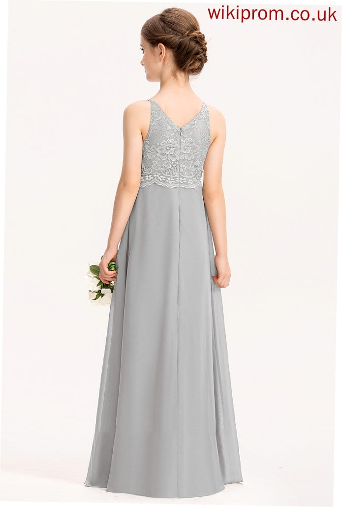 A-Line Junior Bridesmaid Dresses Lace Addyson Floor-Length Chiffon V-neck