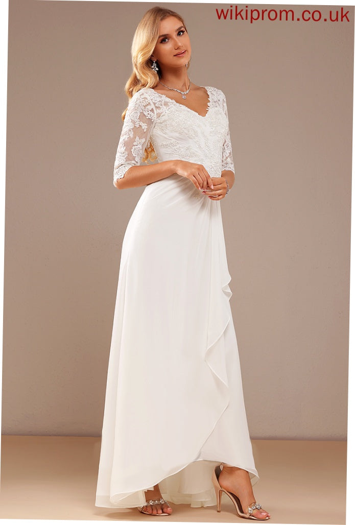 A-Line Ruffle Asymmetrical With Wedding Lace Lace V-neck Dress Wedding Dresses Madalyn Chiffon