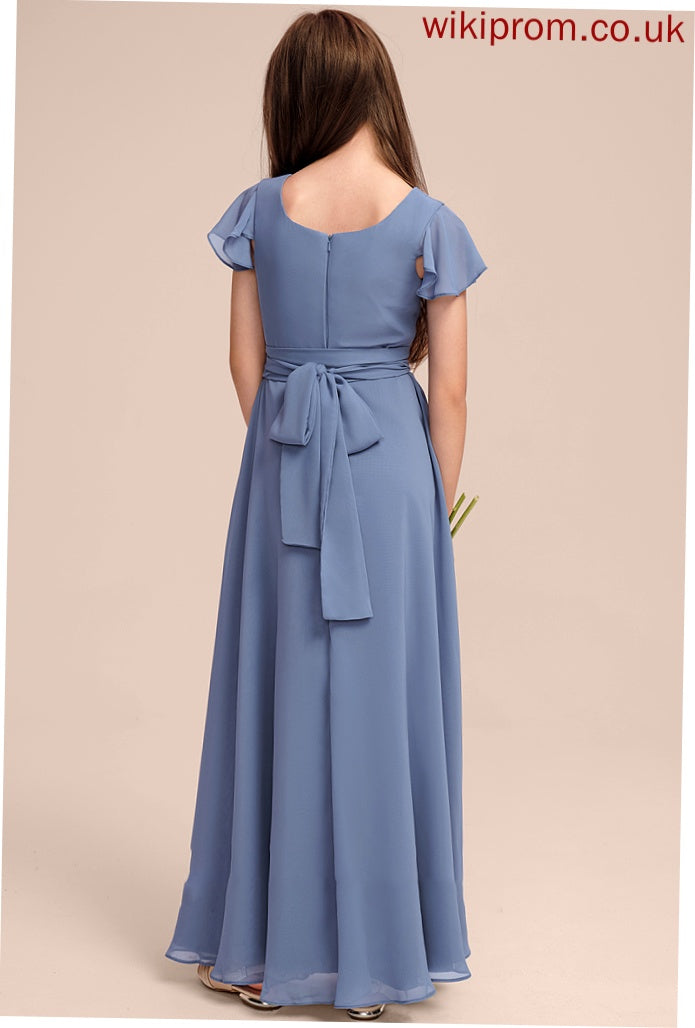 A-Line With Neck Scoop Floor-Length Jazmin Junior Bridesmaid Dresses Bow(s) Chiffon