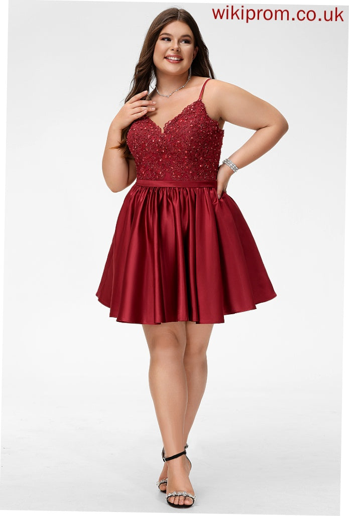 Satin Lace V-neck Beading Macy Dress Homecoming Dresses A-Line Homecoming With Short/Mini