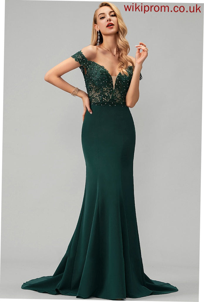 Trumpet/Mermaid Beading Lace Prom Dresses Train Crepe Sweep Sequins Melanie With Stretch Off-the-Shoulder