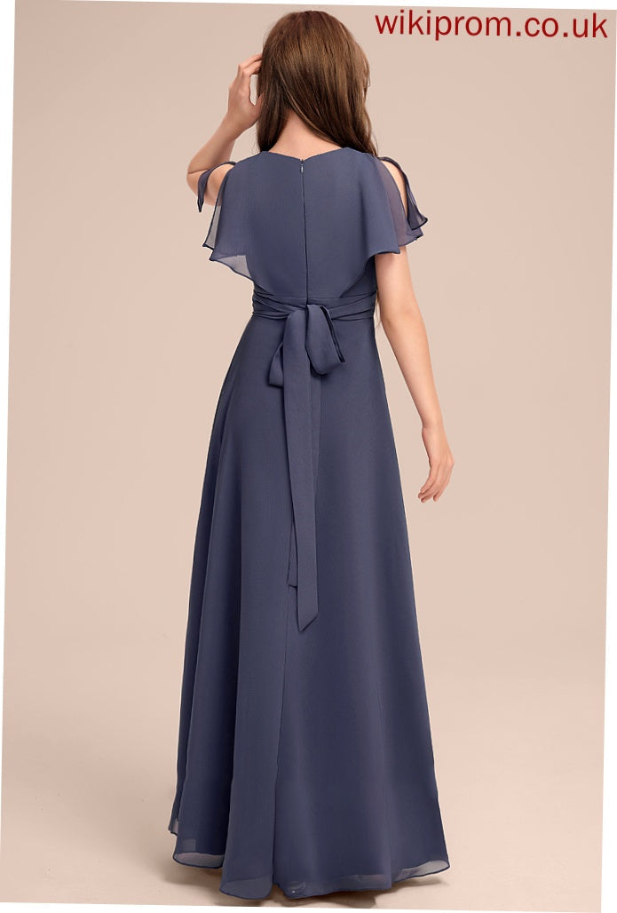 Junior Bridesmaid Dresses With Ruffle V-neck Bow(s) Chiffon Giselle A-Line Floor-Length