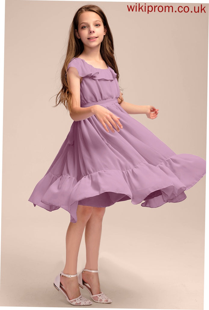 Bow(s) Scoop Ruffles A-Line Chiffon Neck Knee-Length Cascading Junior Bridesmaid Dresses Ashlynn With