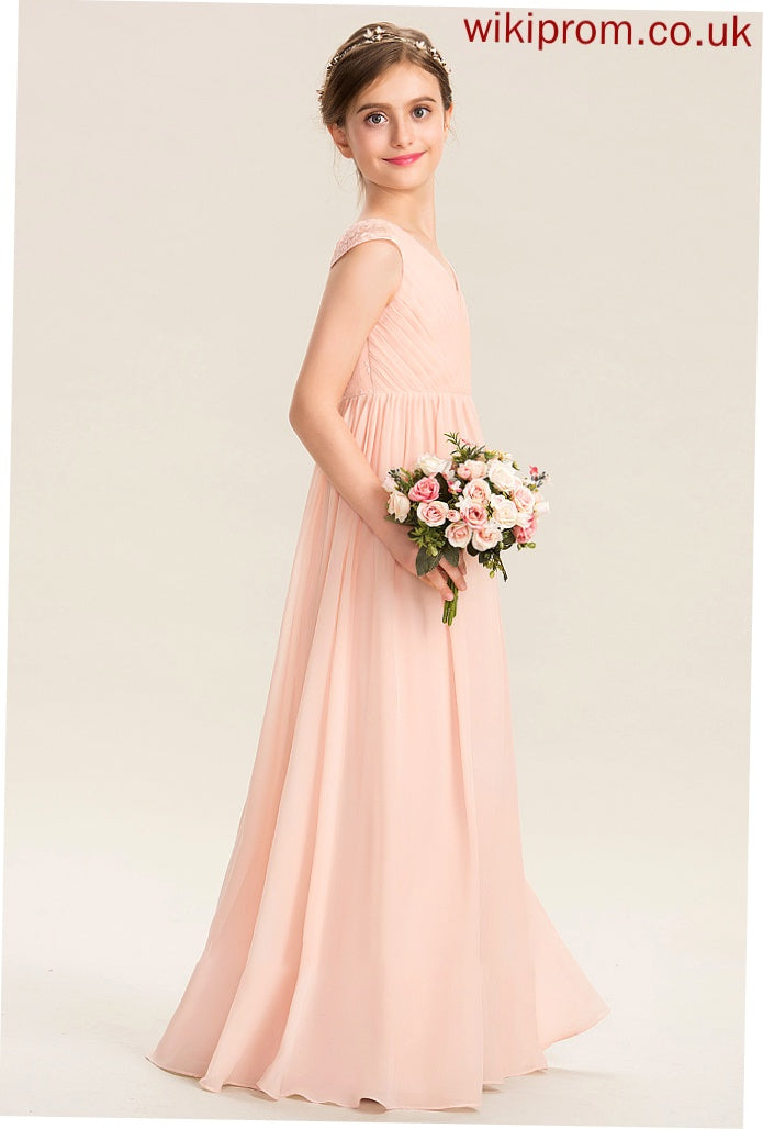 Floor-Length Ruffle With Junior Bridesmaid Dresses Hadassah Chiffon V-neck Lace A-Line