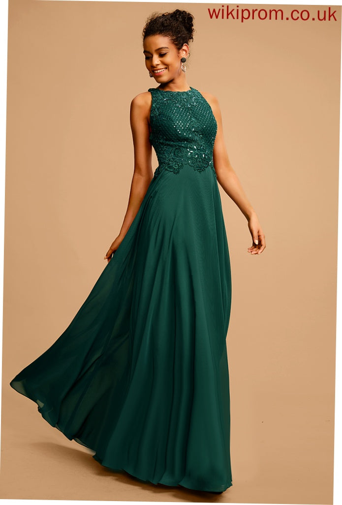 Floor-Length A-Line Scoop Sequins Prom Dresses With Lace Aspen Chiffon