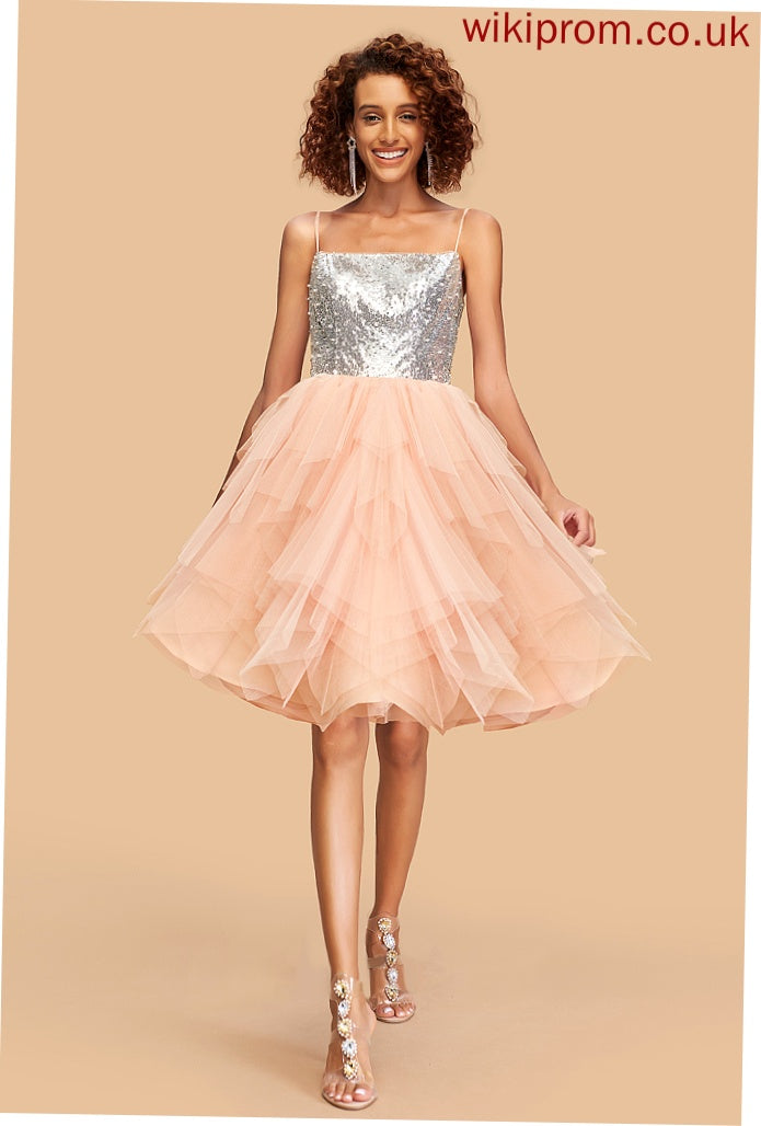 Tulle Homecoming Eve Square A-Line Dress Knee-Length Sequins Homecoming Dresses With Neckline