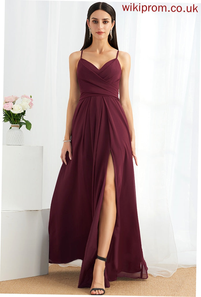 Silhouette A-Line Length Ruffle SplitFront Floor-Length Fabric Embellishment Neckline V-neck Winifred Natural Waist Bridesmaid Dresses