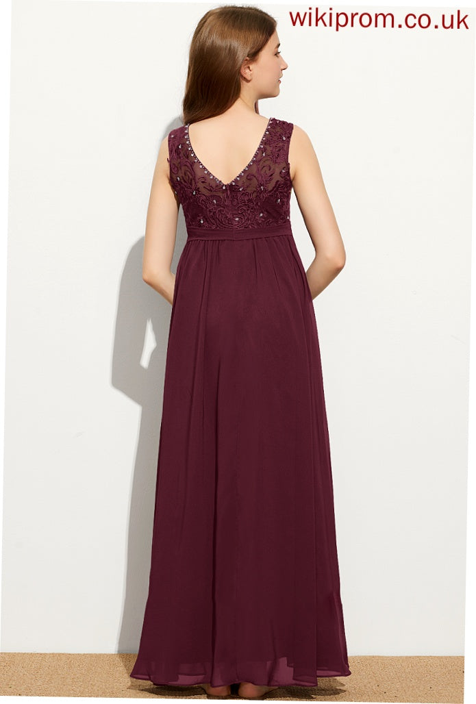 A-Line Sequins Leyla Lace Neck Chiffon Junior Bridesmaid Dresses With Floor-Length Scoop Beading