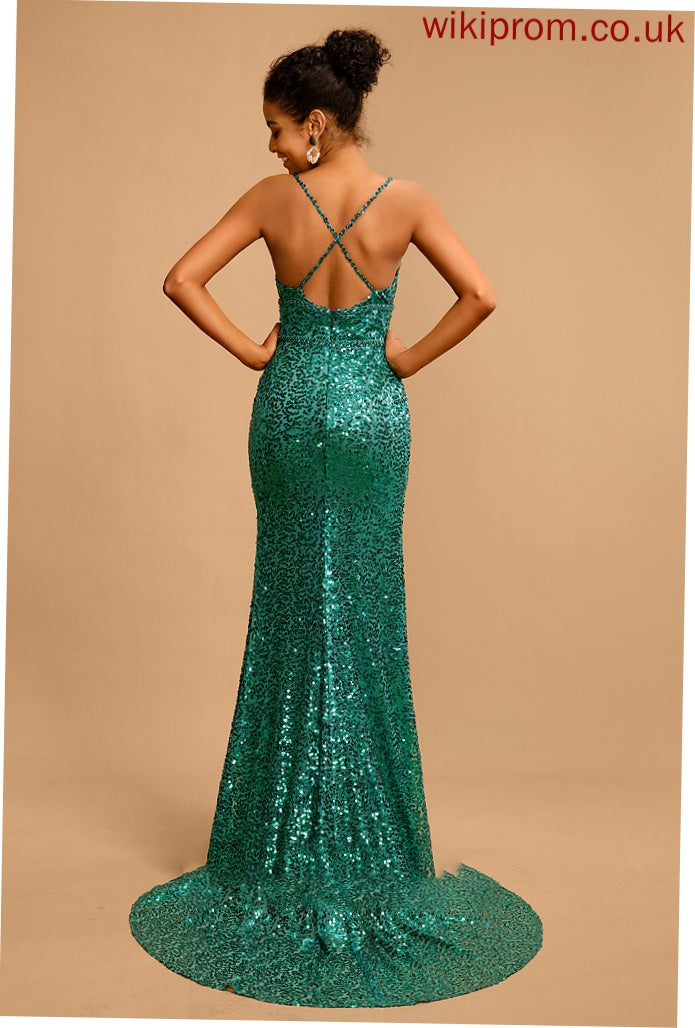 V-neck Prom Dresses With Paisley Trumpet/Mermaid Beading Sequins Floor-Length Sequined