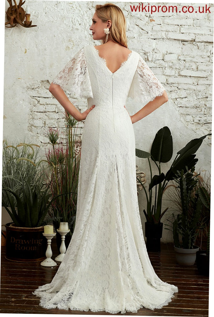 Wedding Dresses Sweep Lace Dress With Train Sheath/Column V-neck Split Front Paris Wedding