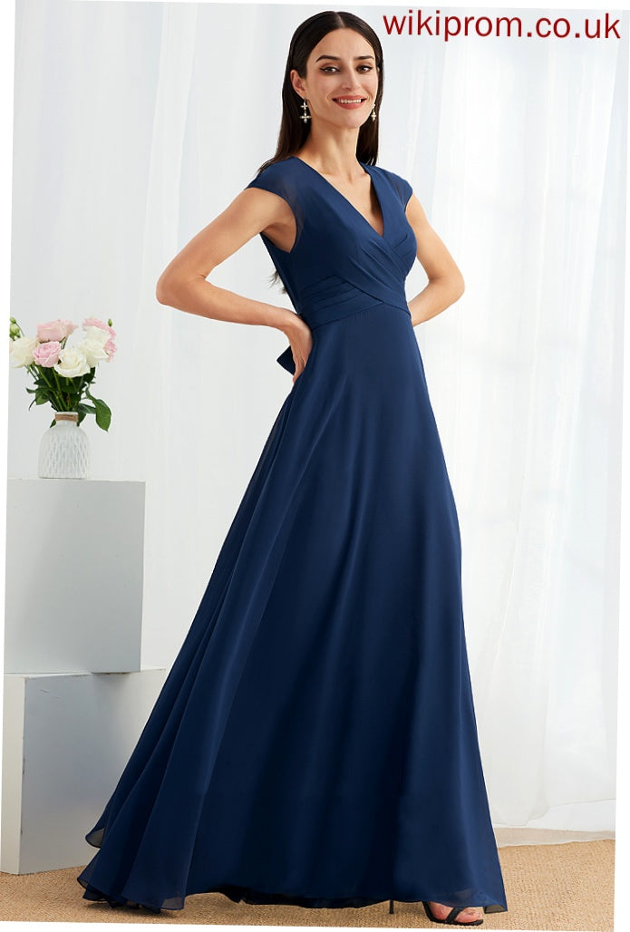 A-Line Ruffle Length Fabric V-neck Floor-Length Embellishment Silhouette Neckline Tia Natural Waist Sleeveless Bridesmaid Dresses