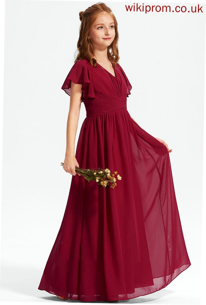 Junior Bridesmaid Dresses V-neck Ruffle A-Line Chiffon Kamila With Floor-Length