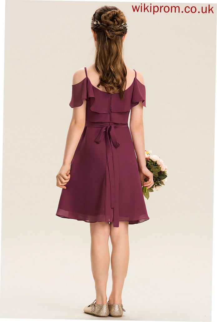 Off-the-Shoulder Junior Bridesmaid Dresses Chiffon Cascading With Knee-Length Bow(s) Ruffles Annika A-Line