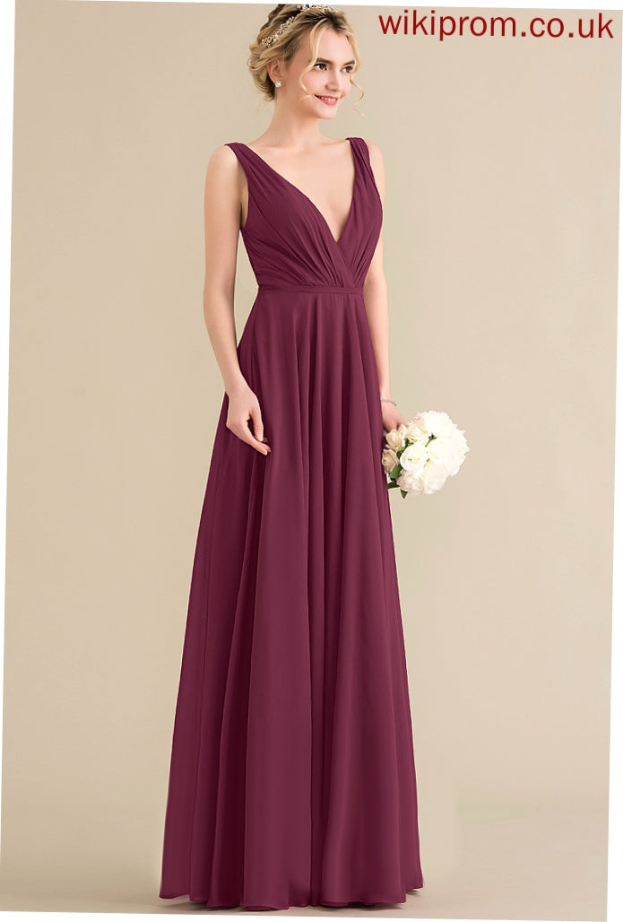 Chiffon A-Line Emelia Pleated Floor-Length Prom Dresses V-neck With